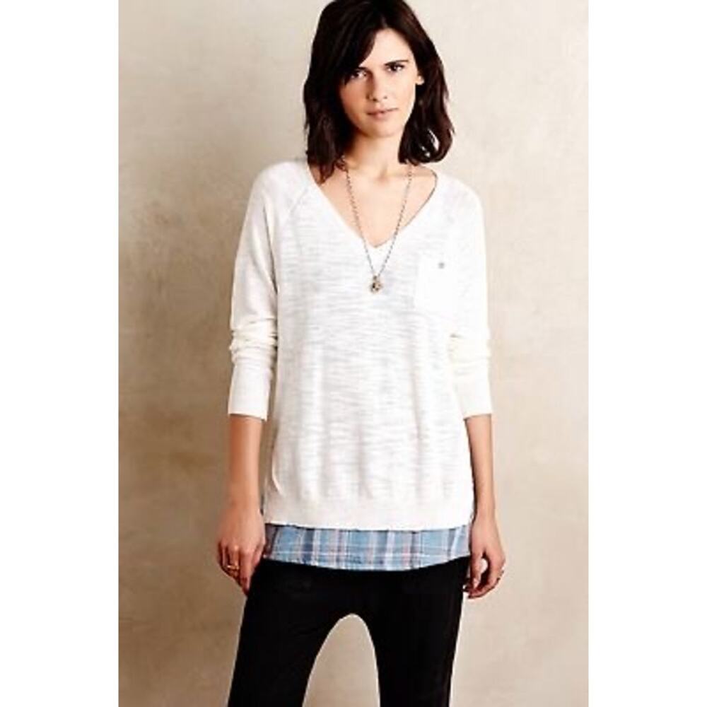 Anthropologie Moth Women's White Knit V‎ Neck Blue Plaid Layered Sweater Size XL
